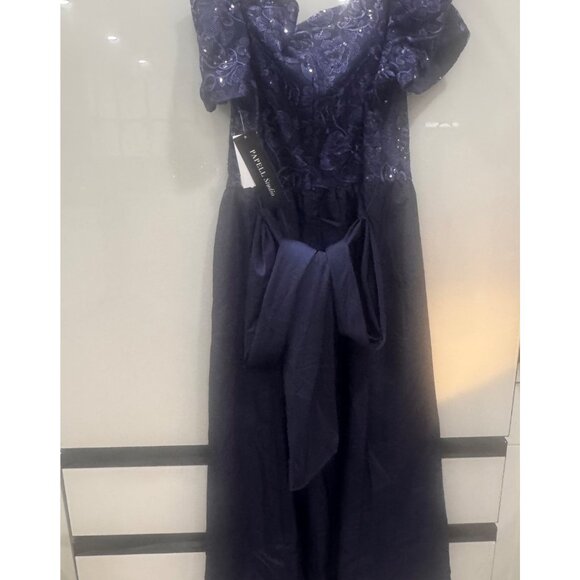 Navy Off-Shoulder High-Low Formal Dress With Sequined Lace Bodice & Bow Tie Wais - Picture 6 of 7